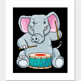 Funny elephant is playing the drum Posters and Art